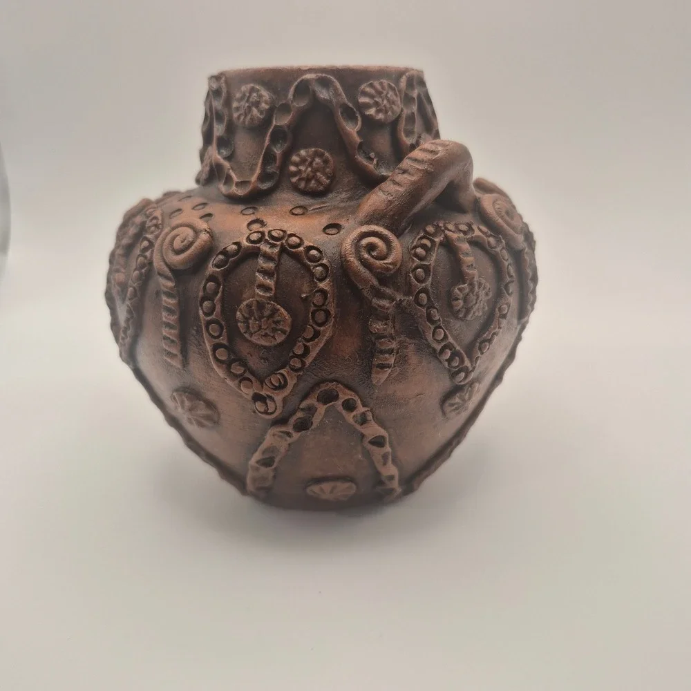 Handmade in Greece Terracotta Pottery Vase Ornate Brown Rustic Decor 4.5in
